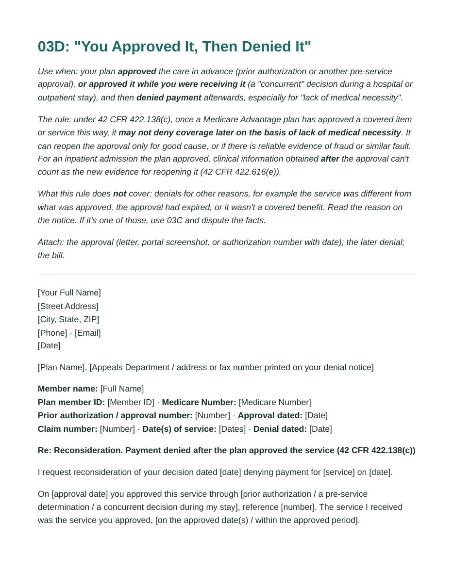 Kit page: letter 03D, You Approved It, Then Denied It, citing 42 CFR 422.138(c)