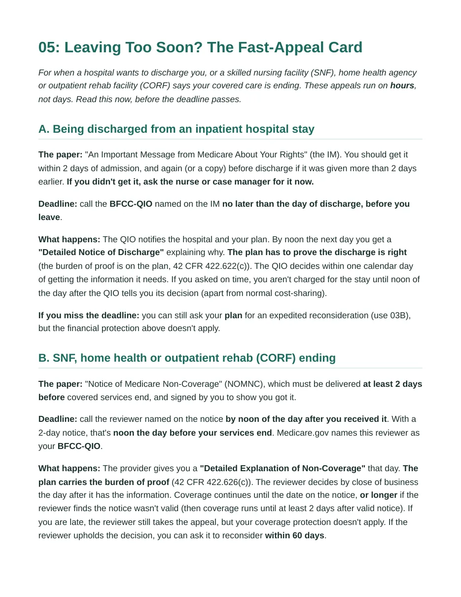 Kit page: the Leaving Too Soon fast-appeal card for hospital discharge and skilled nursing